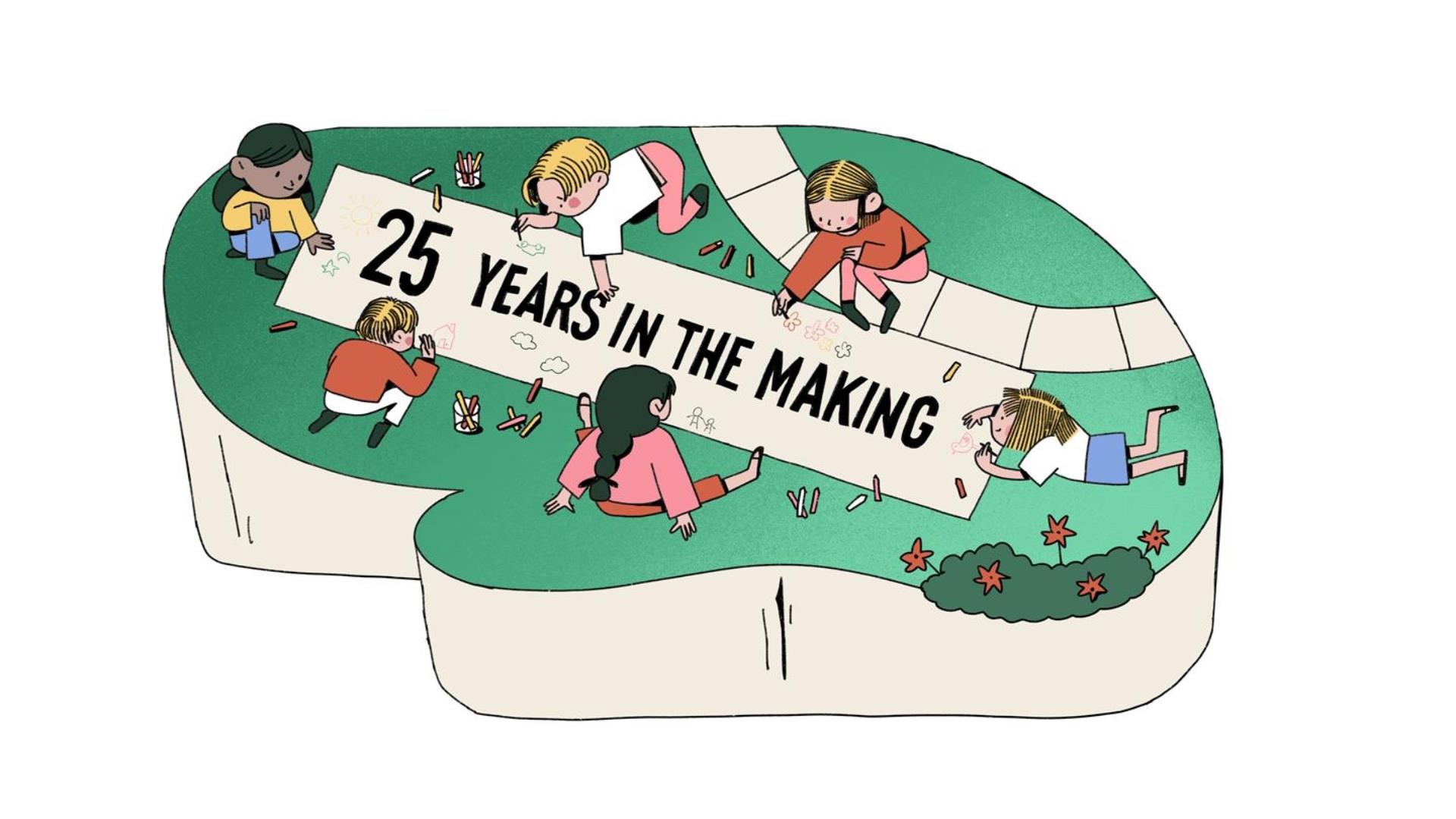 Image shows drawing of children designing poster saying "25 years in the making."
