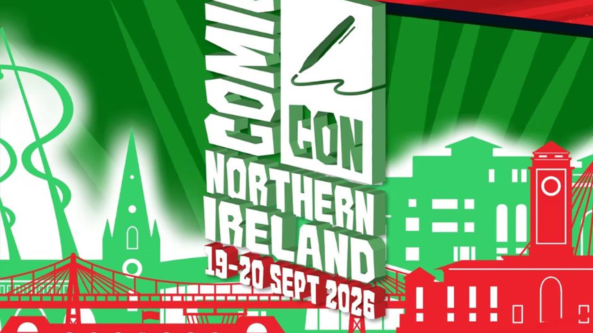 Comic Con Logo featuring dates of the event. The logo is in white. Behind in red and green are outlines of a city skyline