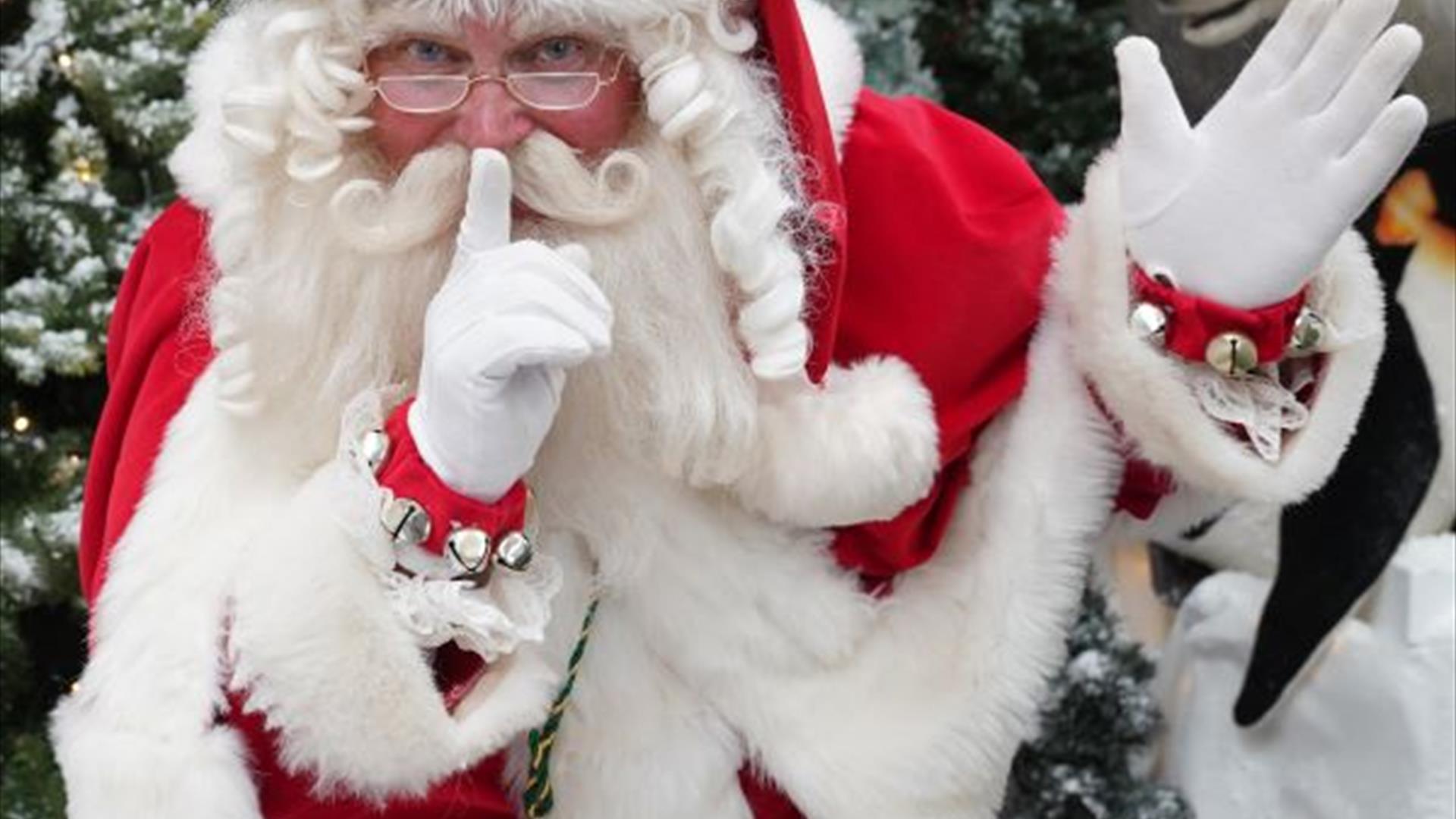 Image is of Santa Claus making a quiet gesture re the Quiet Grotto at Dobbies Garden Centre