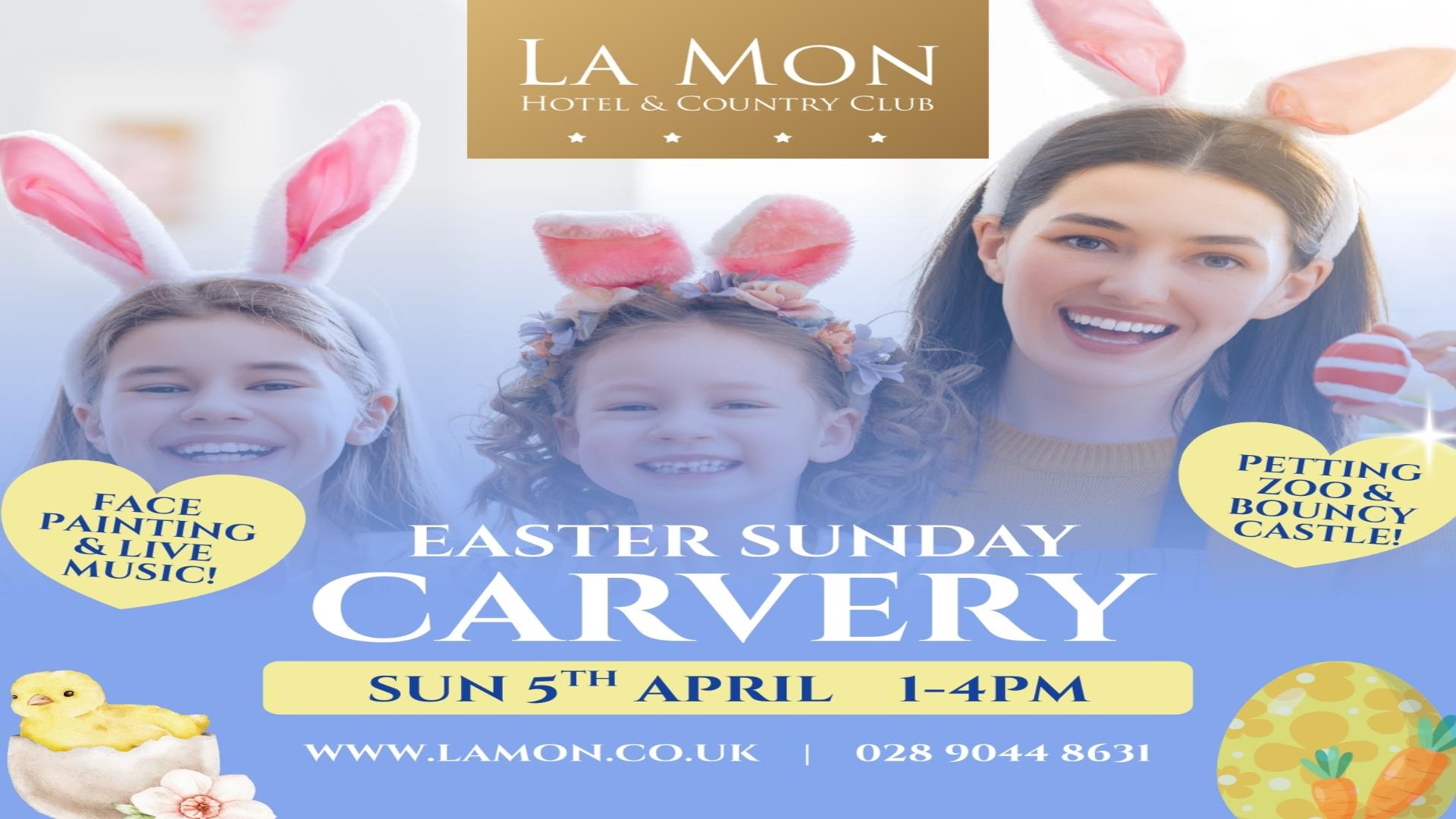 Image shows Easter Sunday Carvery Poster.  Children and Mother dressed up with Easter Bunny Ears.