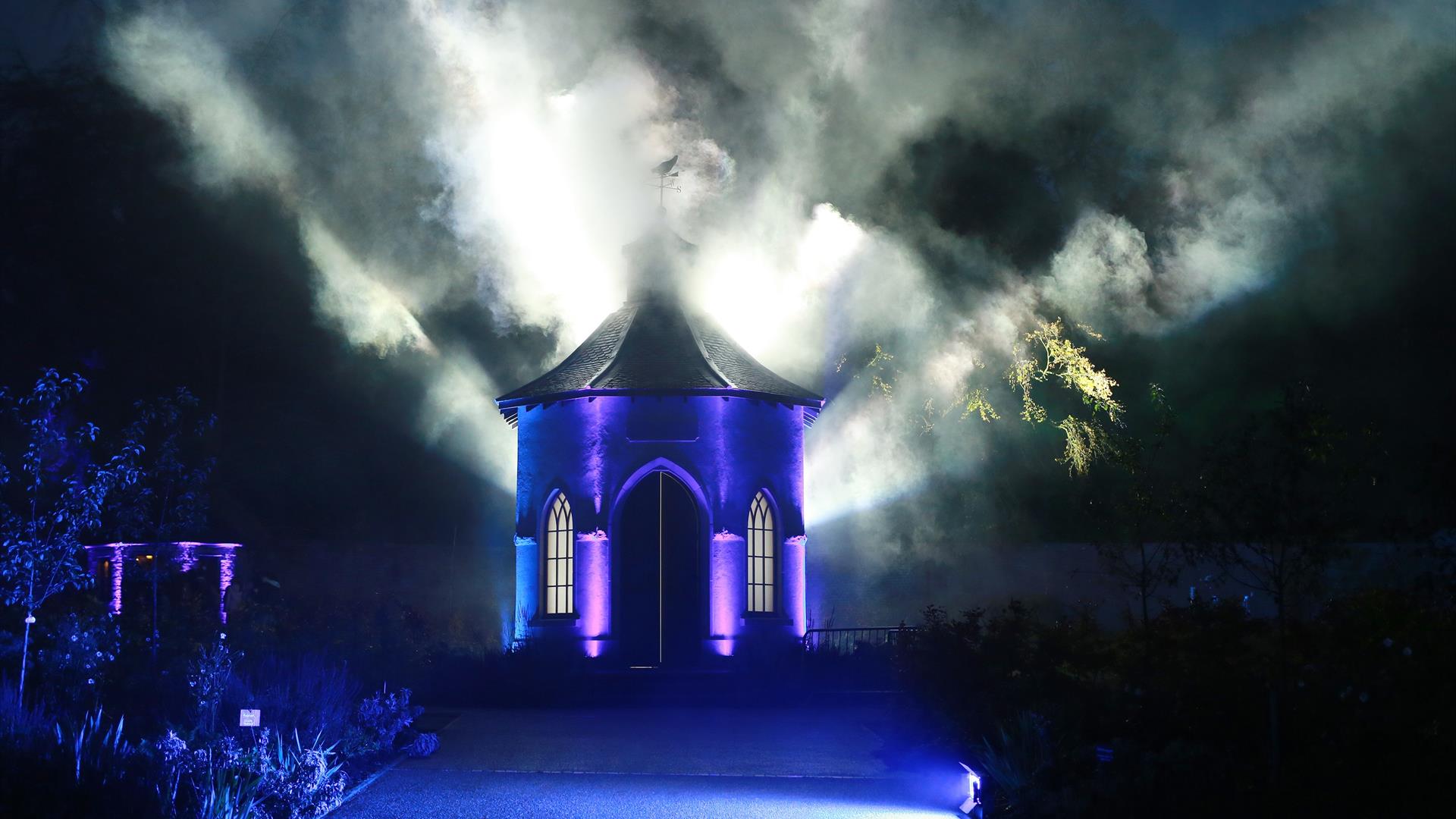 Image is of a Halloween scene in the Castle grounds with lights and smoke