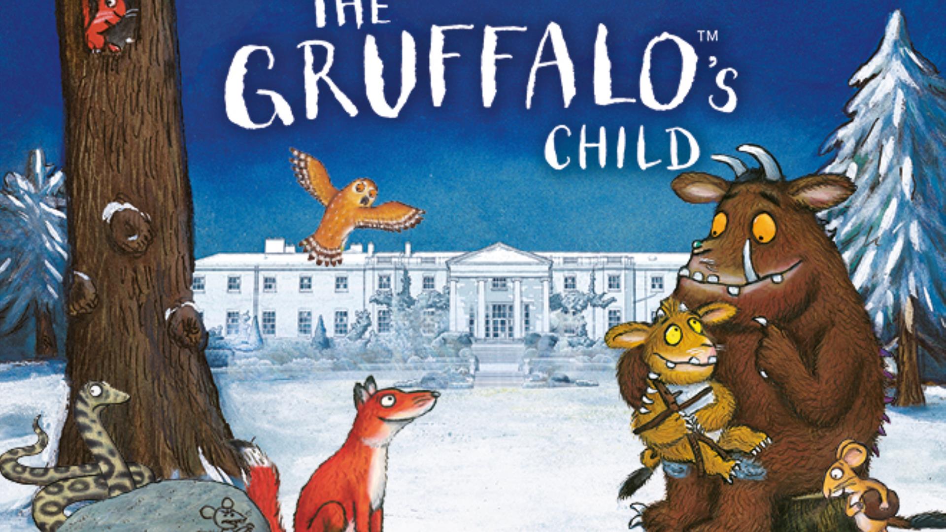 Illustration of The Gruffalo's Child at Hillsborough Castle and Gardens, featuring the Gruffalo and his child alongside woodland characters in a snowy