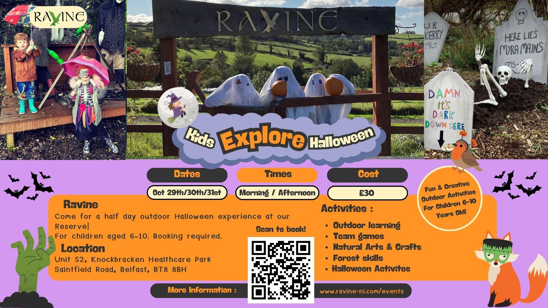 Image shows text Poster with Children in Halloween costumes, pumpkins and ghosts.