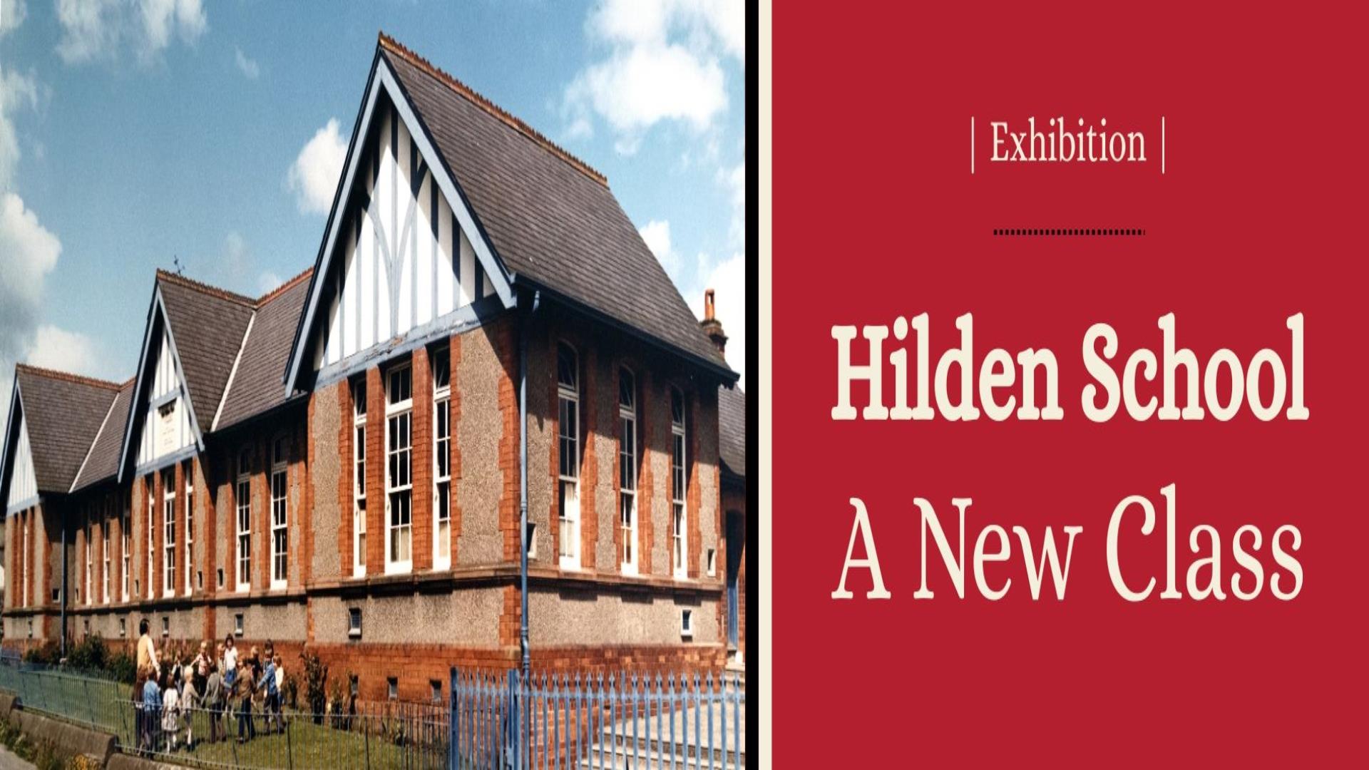 Image shows Hilden School building with school children and teacher outside.