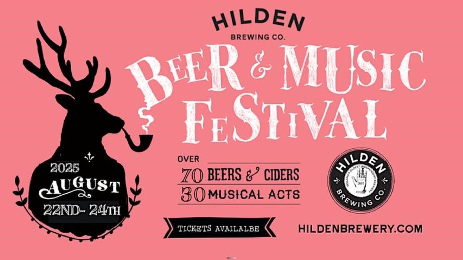 Hilden Beer and Music Festival Poster on pink background with Stag.