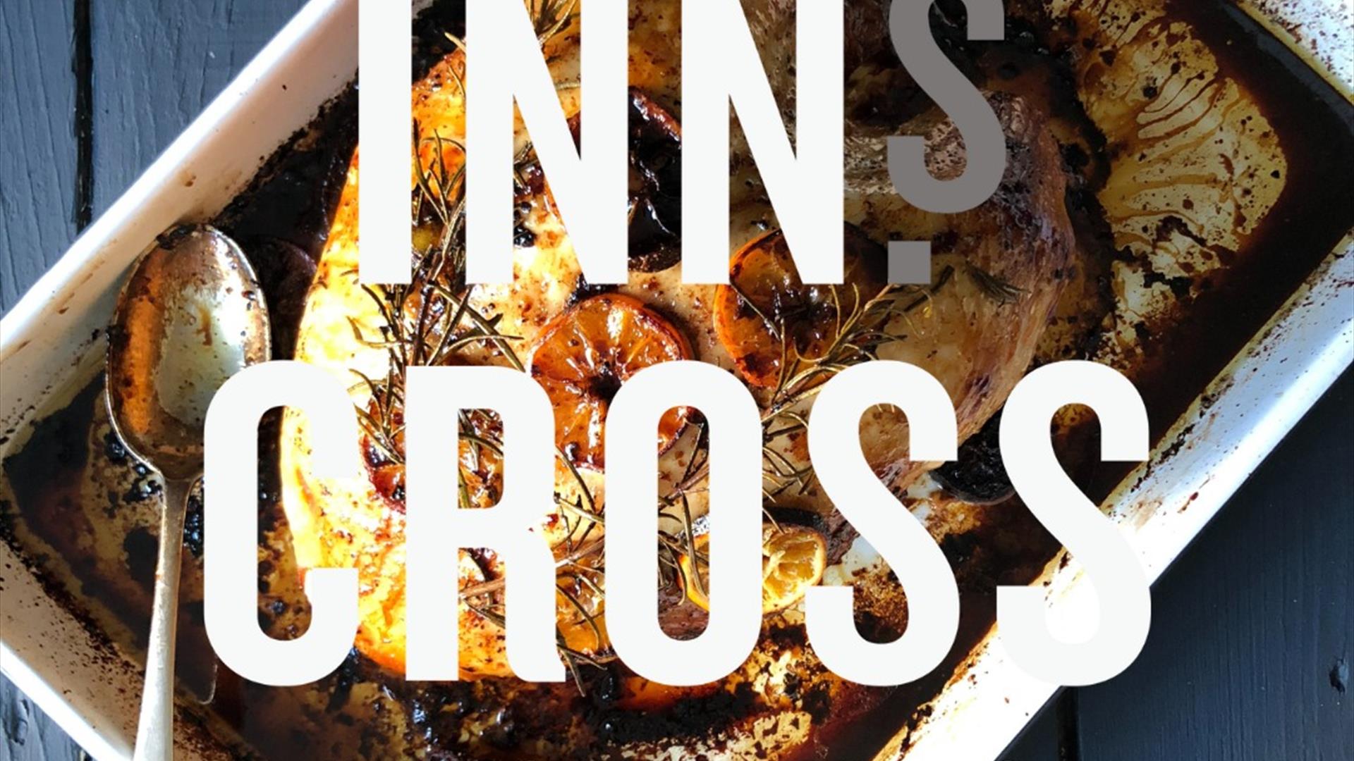 An image of the Inns Cross in words across an image of food