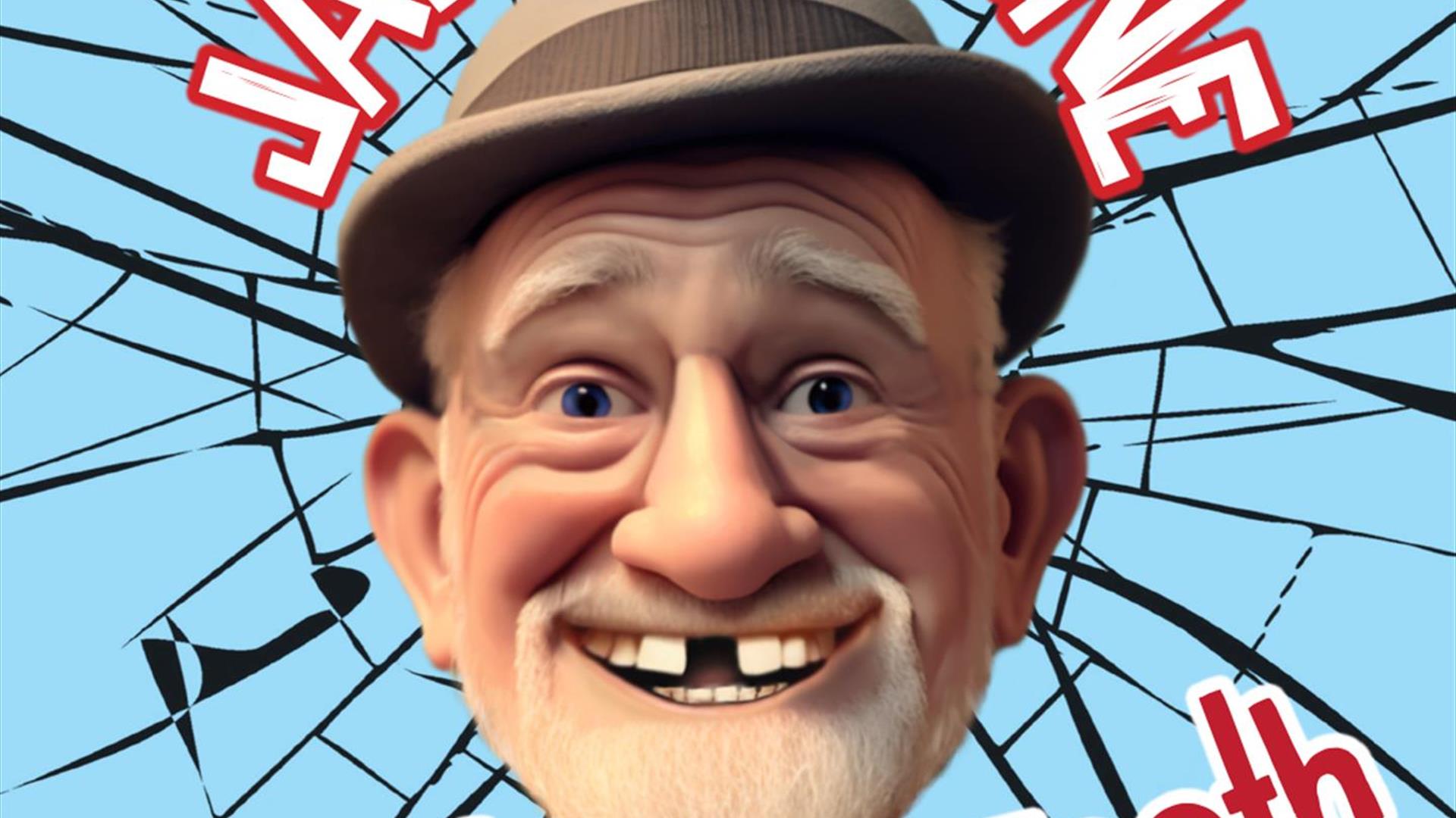 Image shows blue picture of man with hat and no front teeth with written text in white and red advertising Jake O'Kane Needs New Teeth Tour