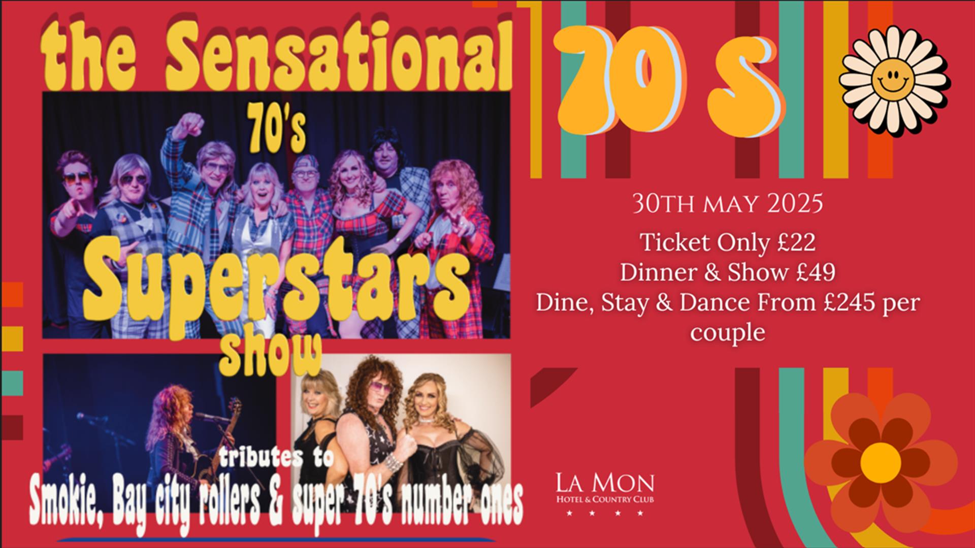 Image is a poster for The Sensational 70s Superstars show