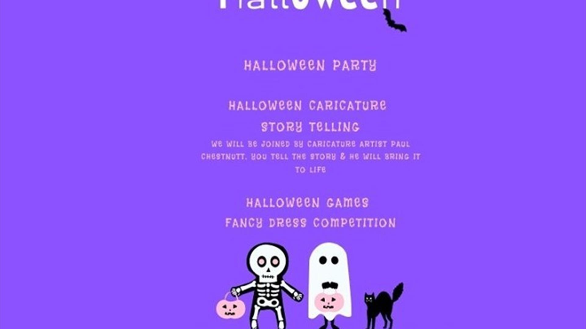 Image is of a post advertising Little Green Halloween. Purple background with a ghost, skeleton, bats, spider and webs plus a black cat