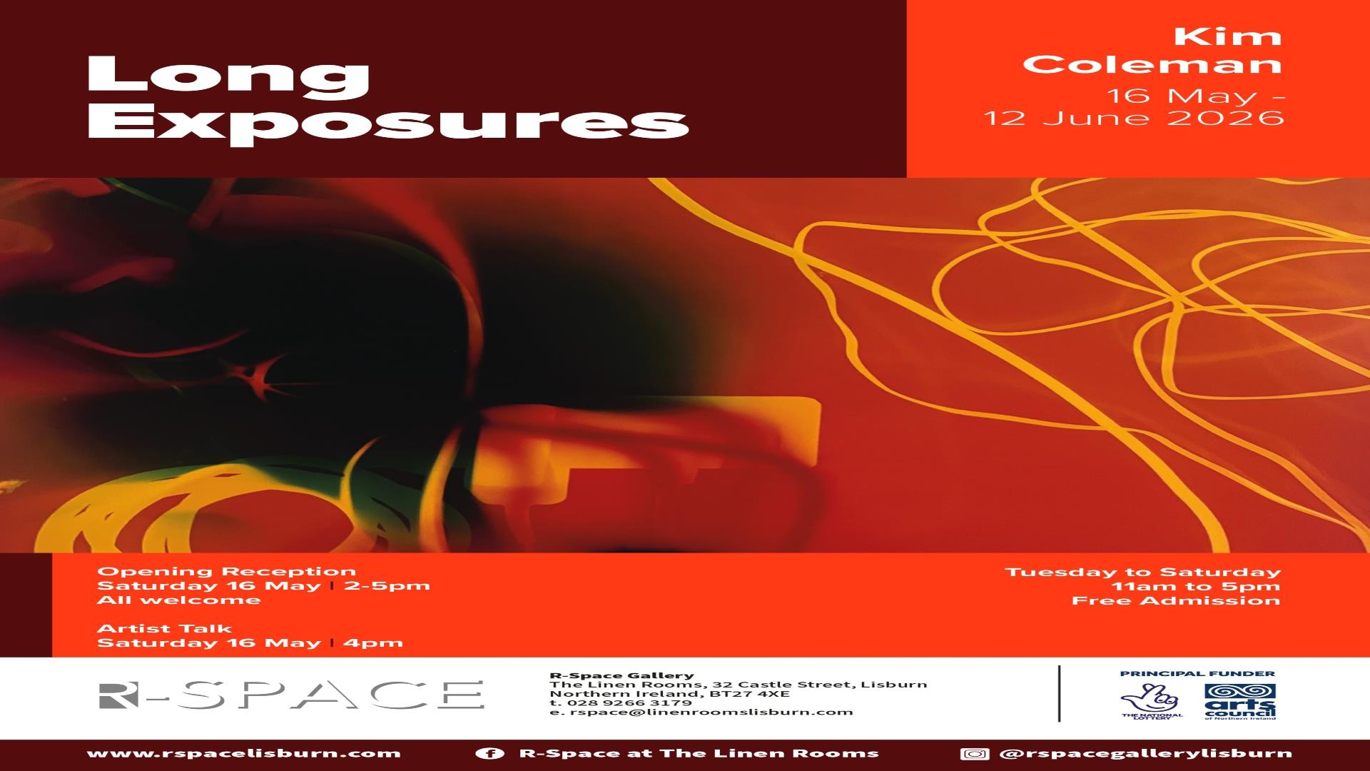 Image shows red poster advertising Long Exposures exhibition at R-Space Gallery Lisburn.