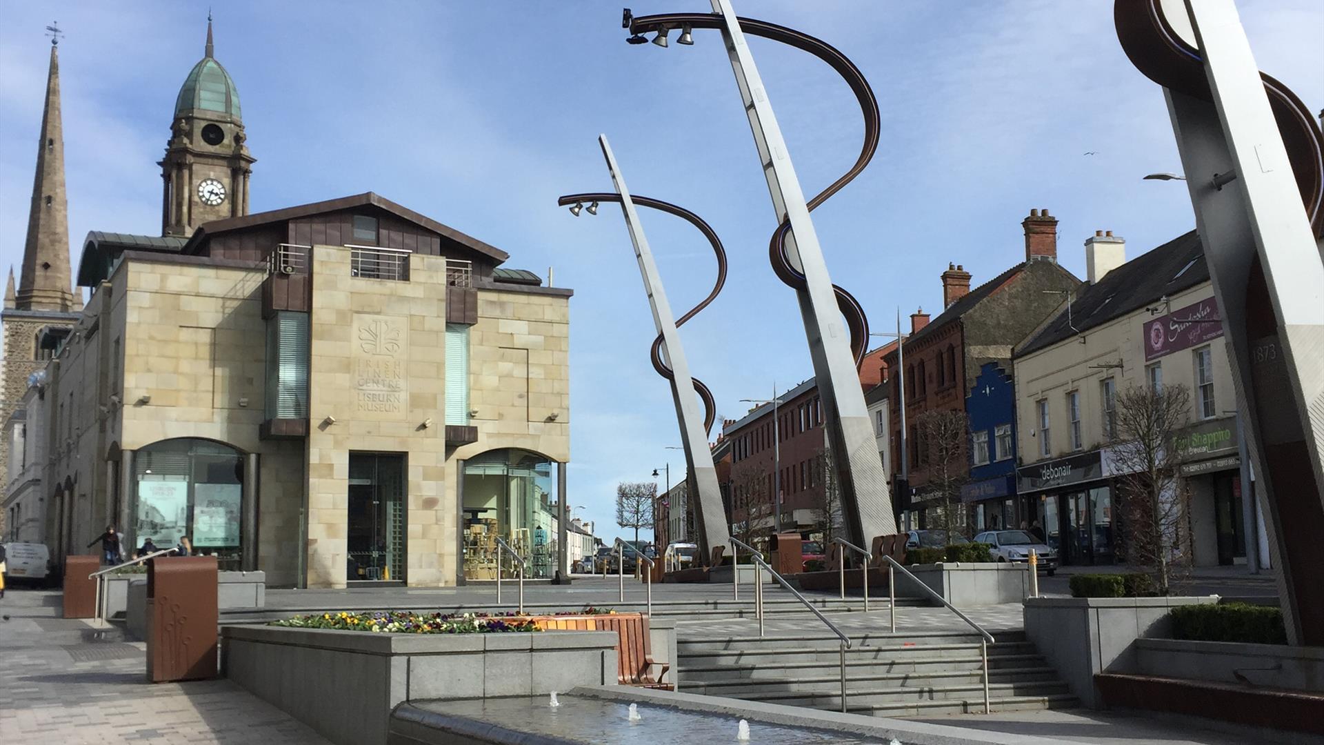 Market square Lisburn with a view of the Irish Linen Centre
