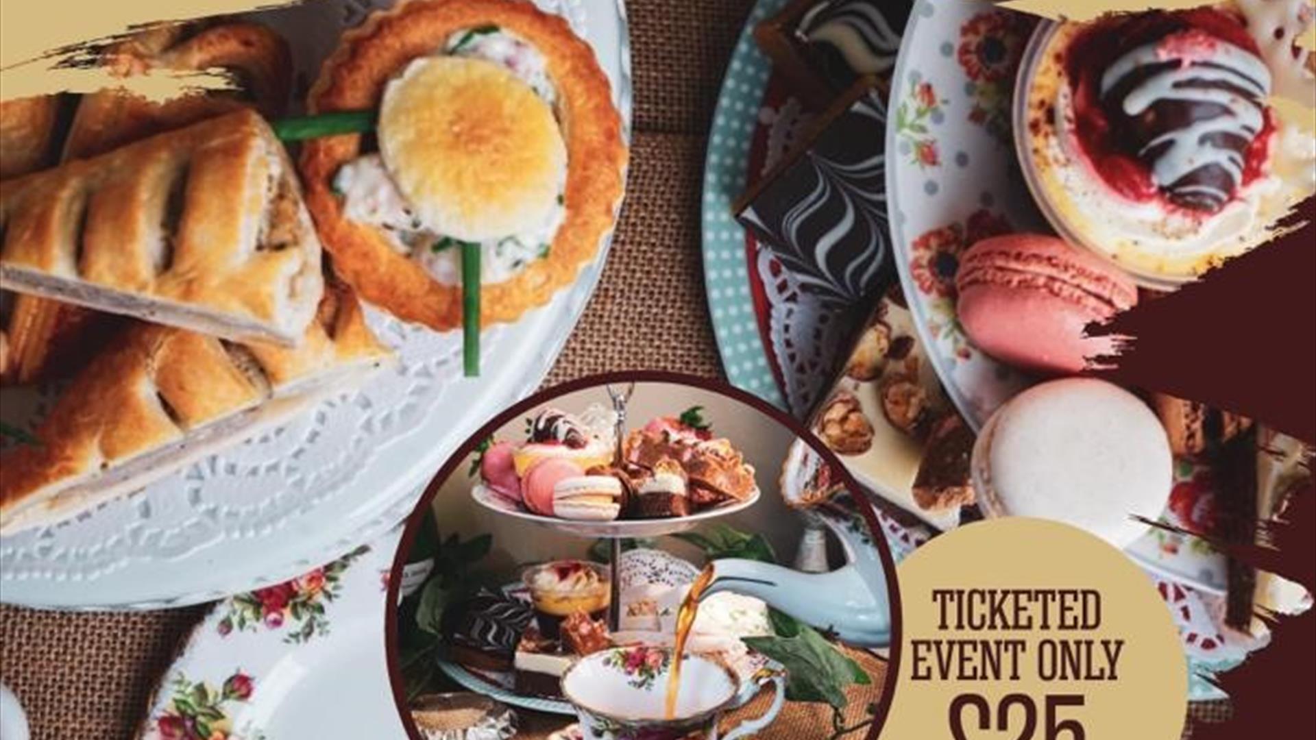 Image is of scones, cream, jam and pastries and tea