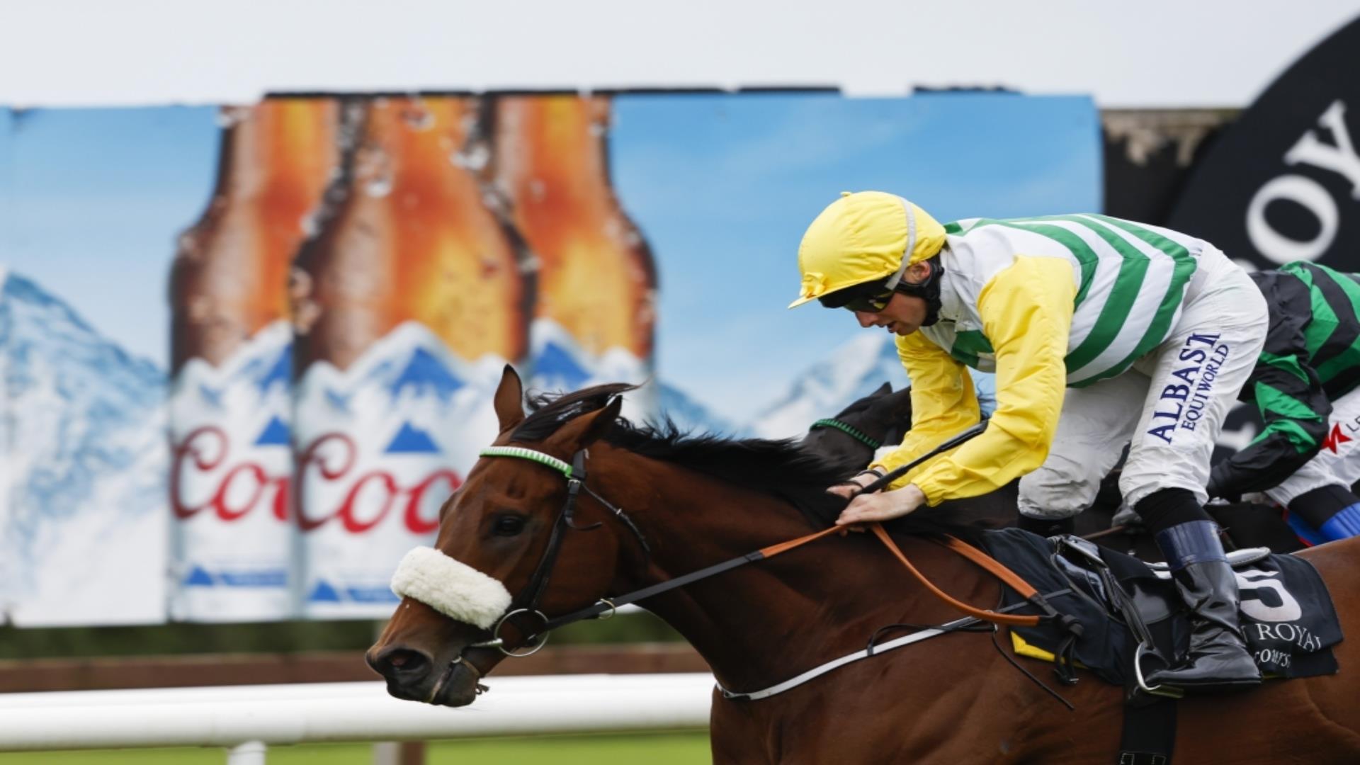 Jockey on race horse with a Coors sign in background
