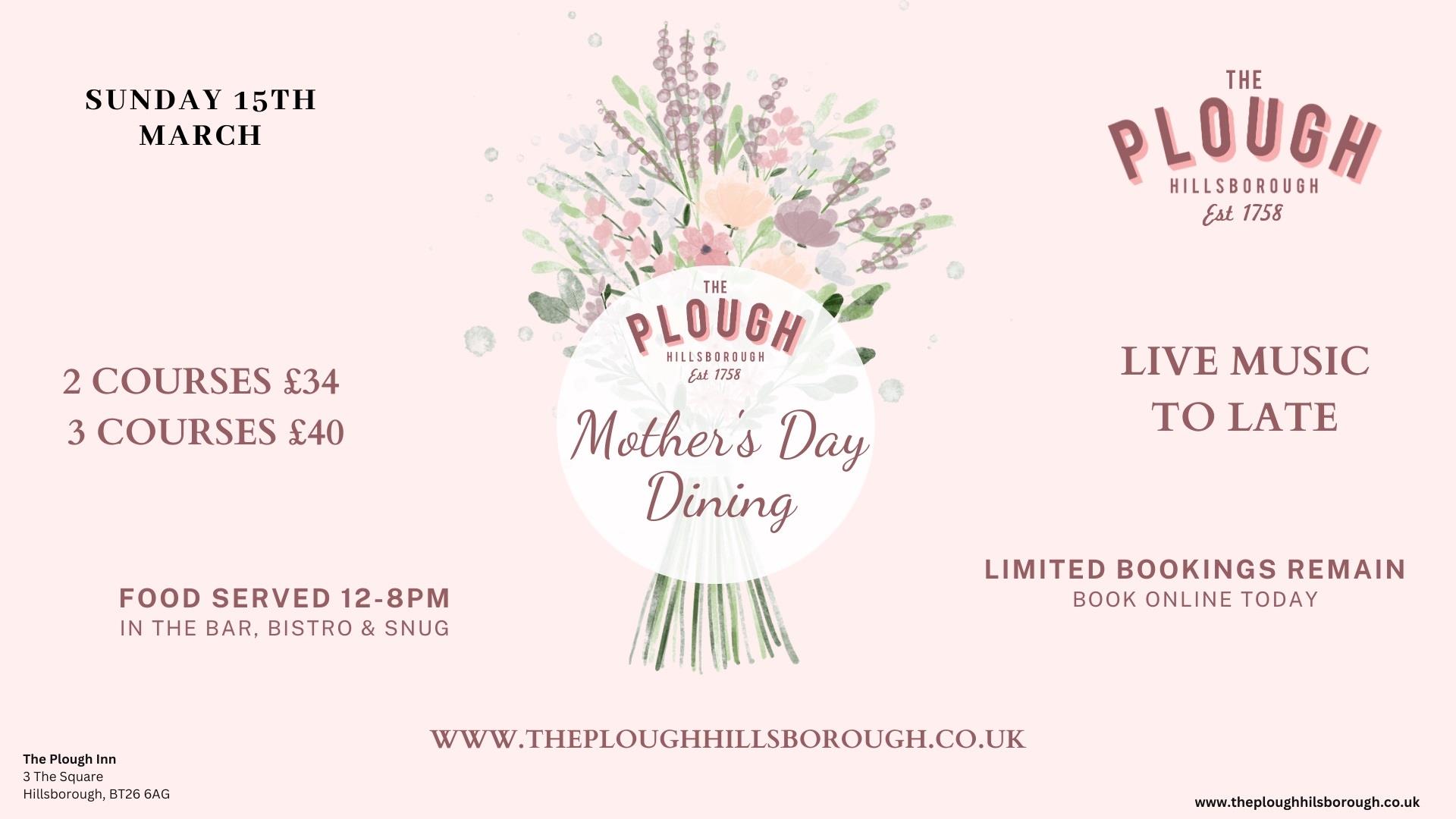 Image shows Mother's Day poster, with bunch of flowers and information on event.