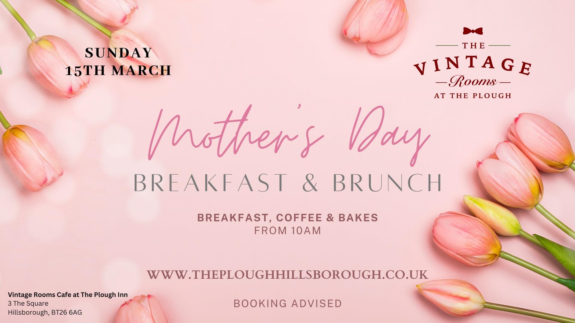 Image shows Mother's Day poster with pink tulips.