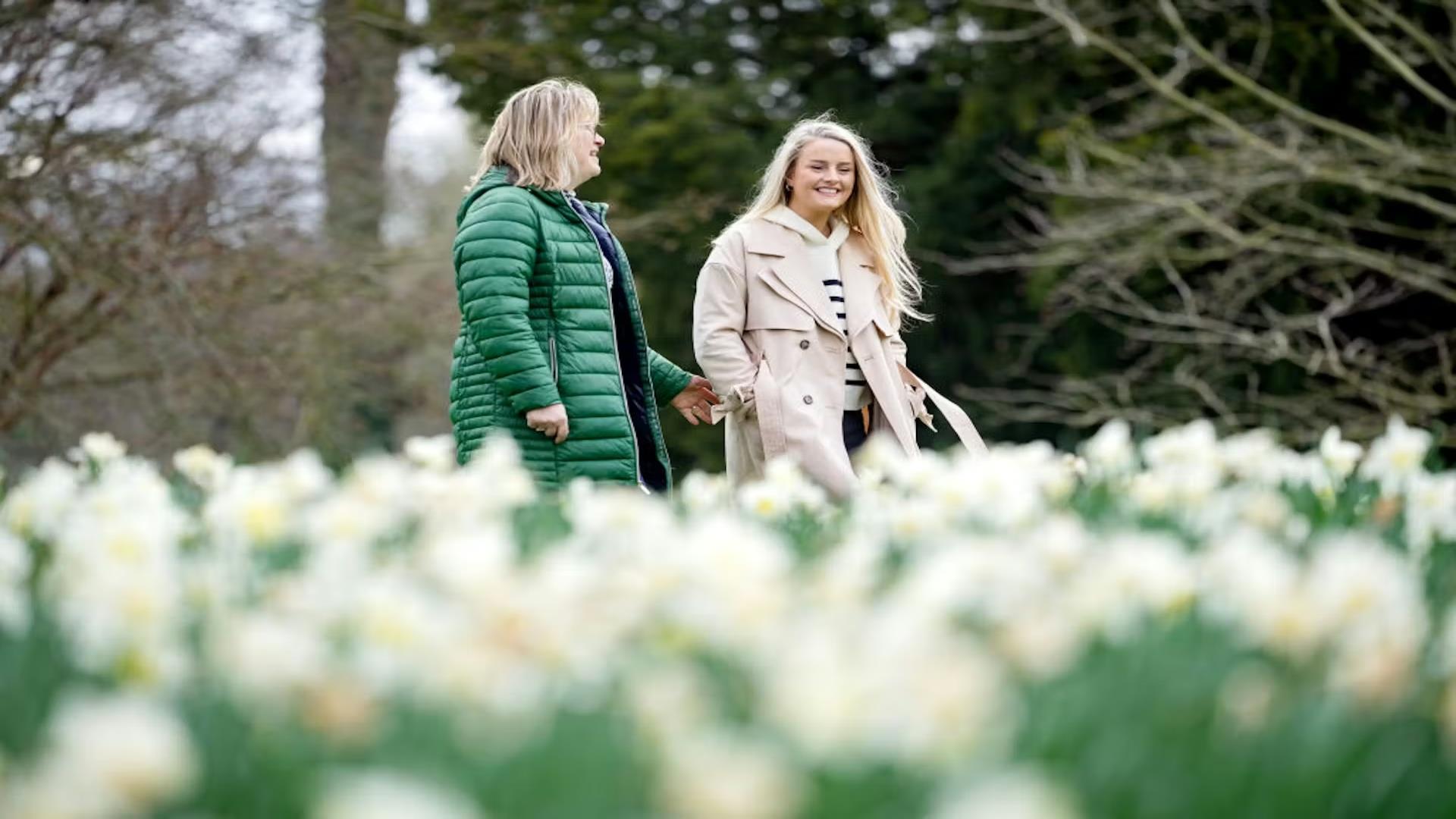 Image shows mother and daughter exploring Hillsborough Gardens.