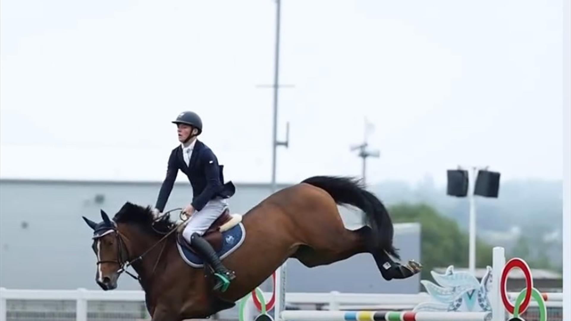 Image is of rider and horse show jumping