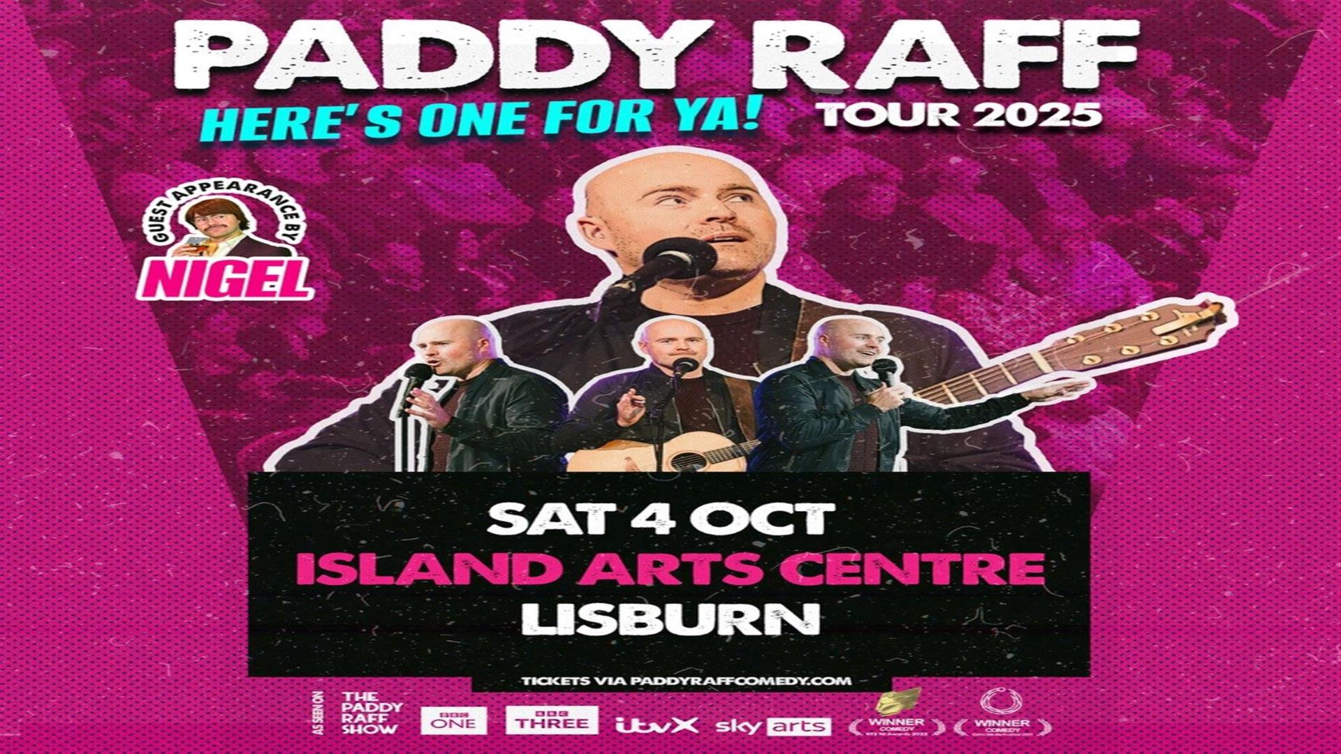 Image is poster of comedian Paddy Raff with microphone and guitar