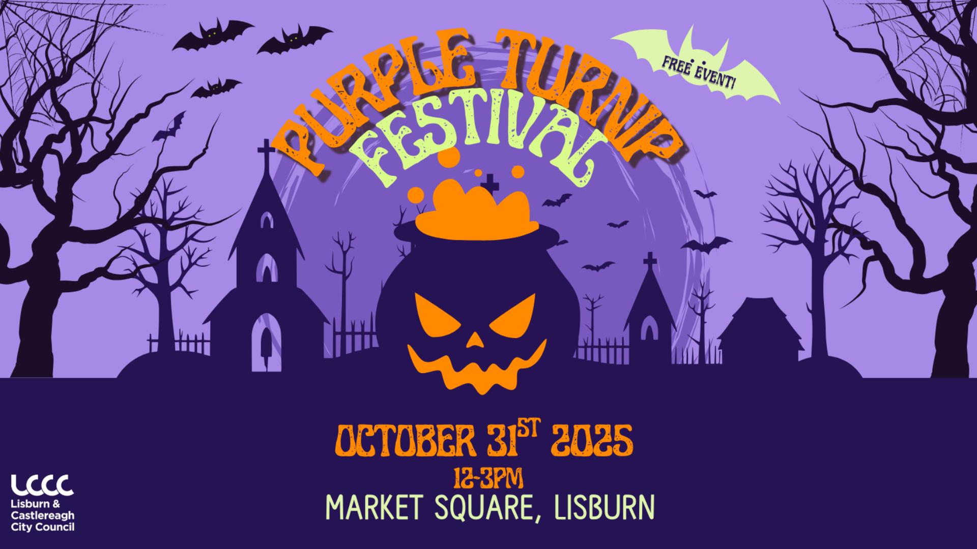 Image shows purple poster with orange and white written text advertising purple turnip festival in Lisburn