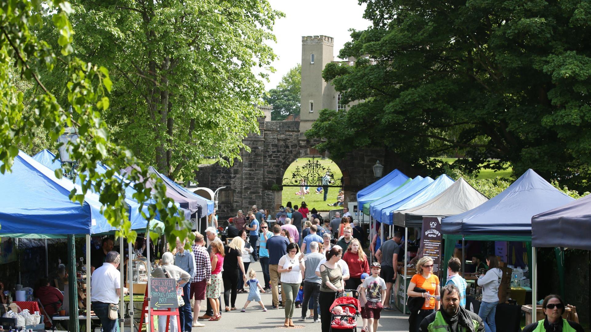 Visitors at stalls, Hillsborough Fort in the background and trees.