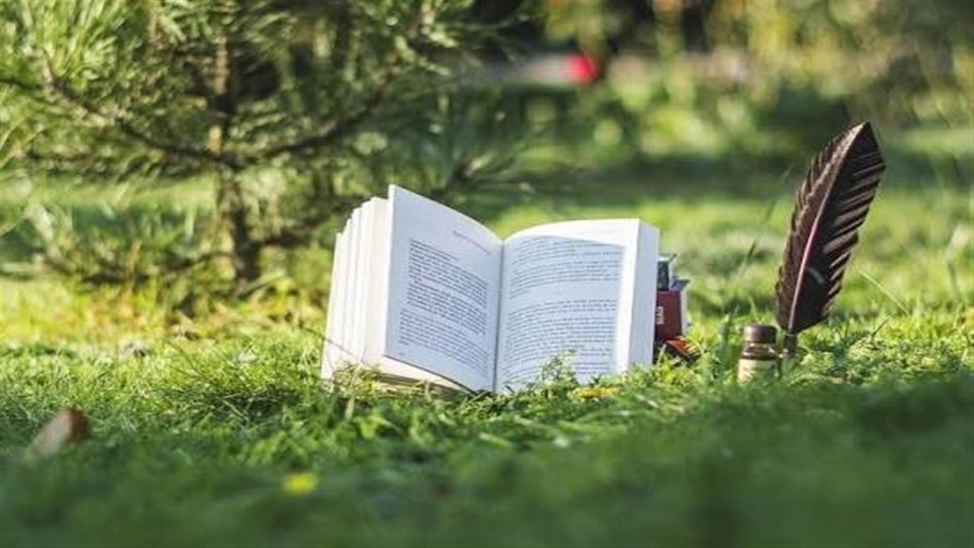 Image is of an open book with a quill and ink sitting in the middle of a field