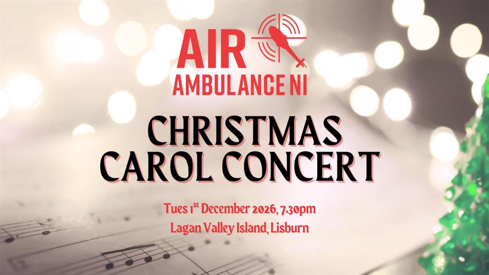 Image is a music sheet with lights surrounding it and advertising the Air Ambulance concert