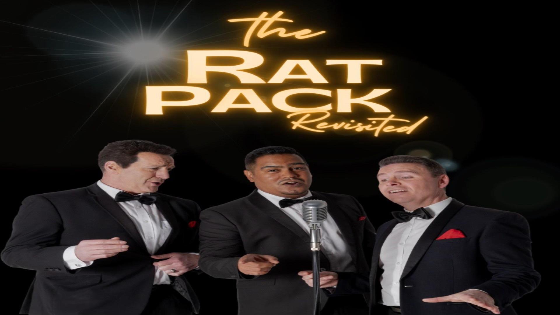Image is of the three members of The Ratpack singing into a microphone