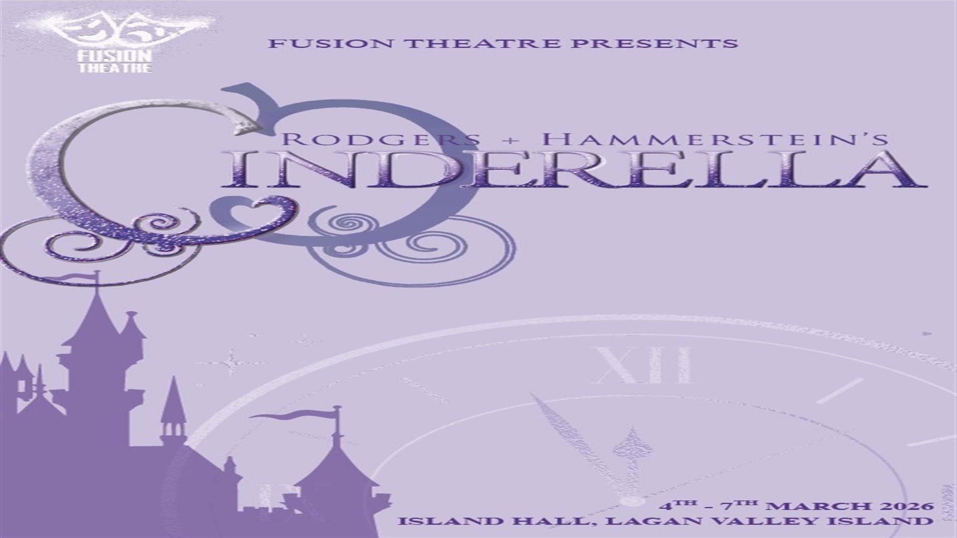Image is purple background advertising Cinderella performed by Fusion Theatre