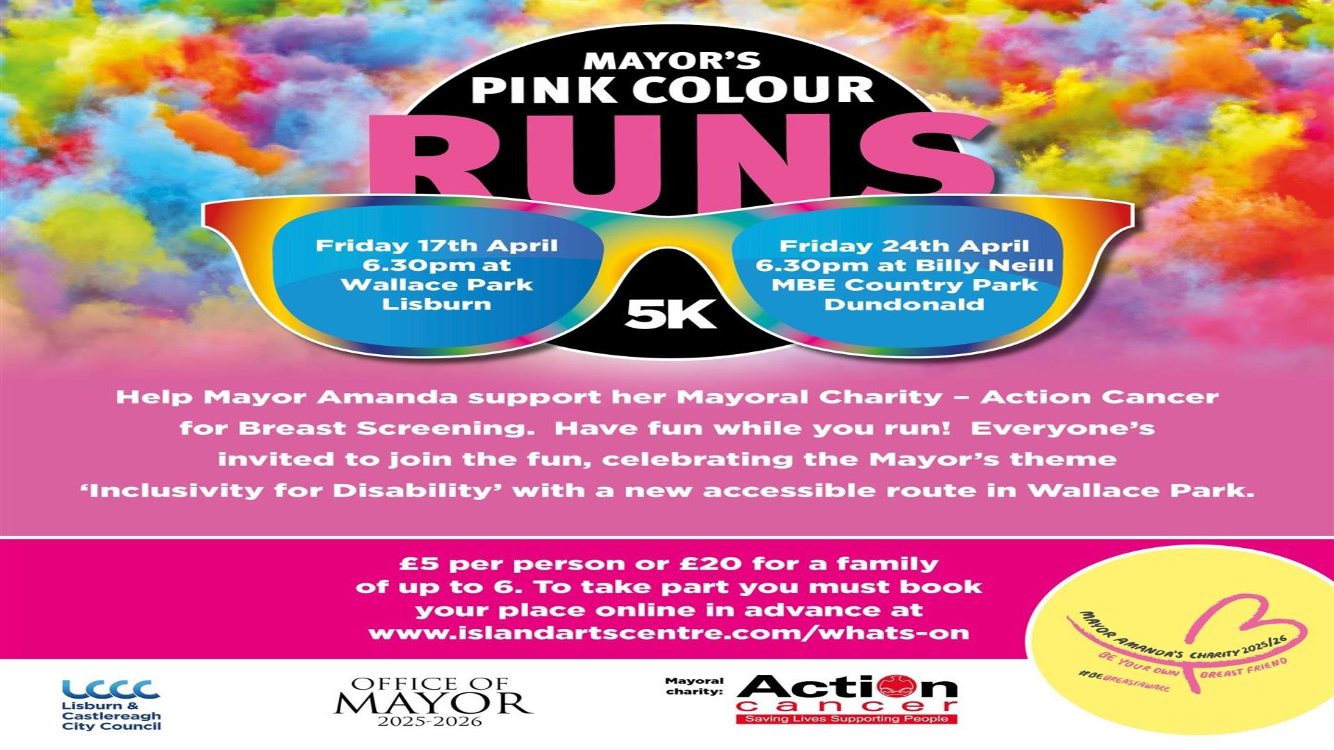 Poster is advert for the Mayor Lisburn's Pink Colour Run event in Wallace Park