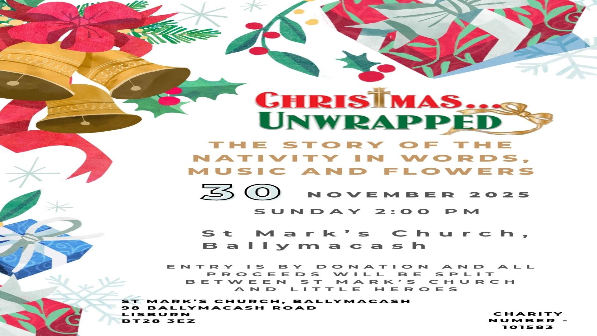 Image is of colourful poster featuring Christmas presents and bells at St. Mark's Church Lisburn Christmas Event