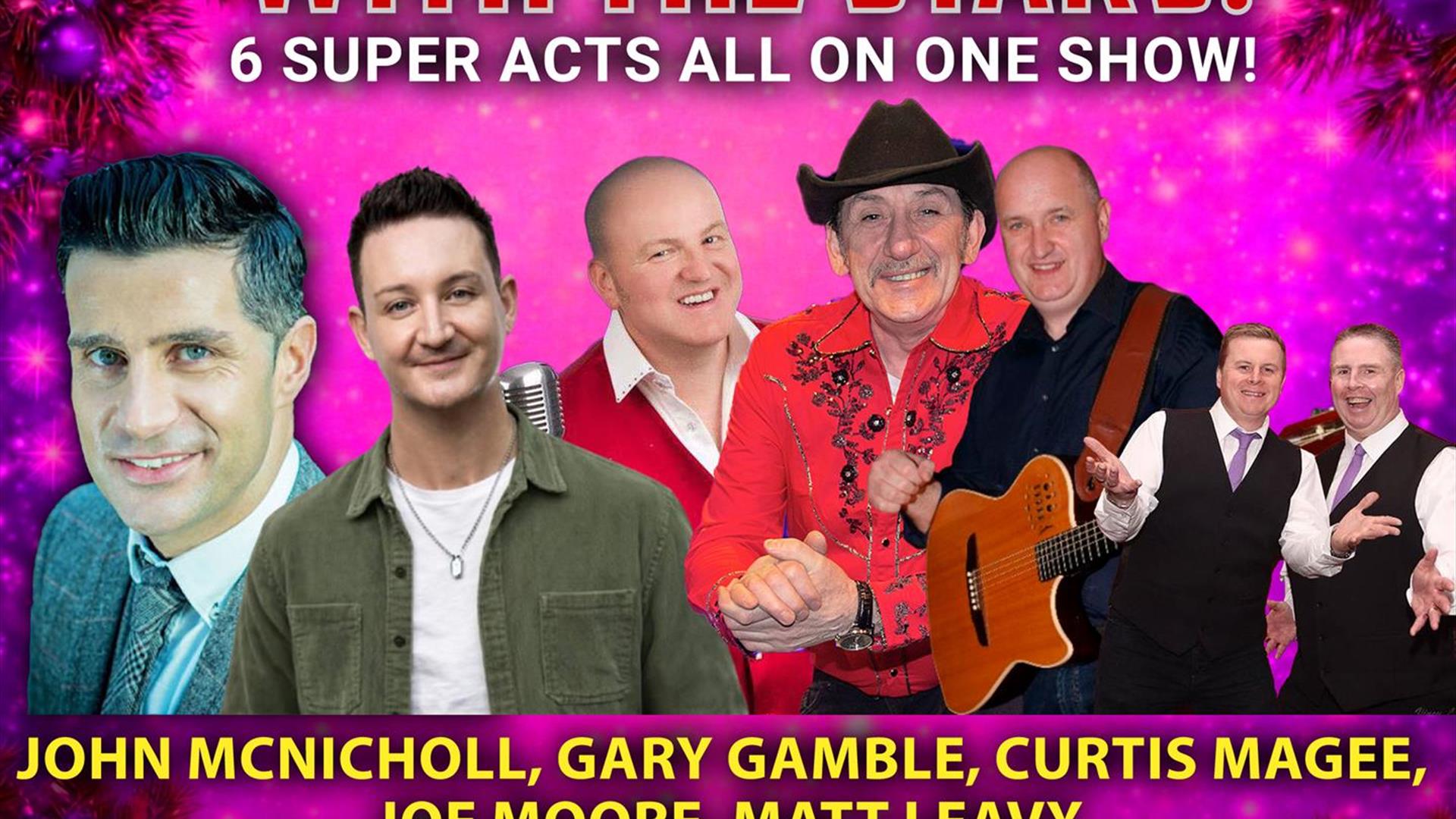 Image is of various entertainers in the music group Christmas Country with the Stars