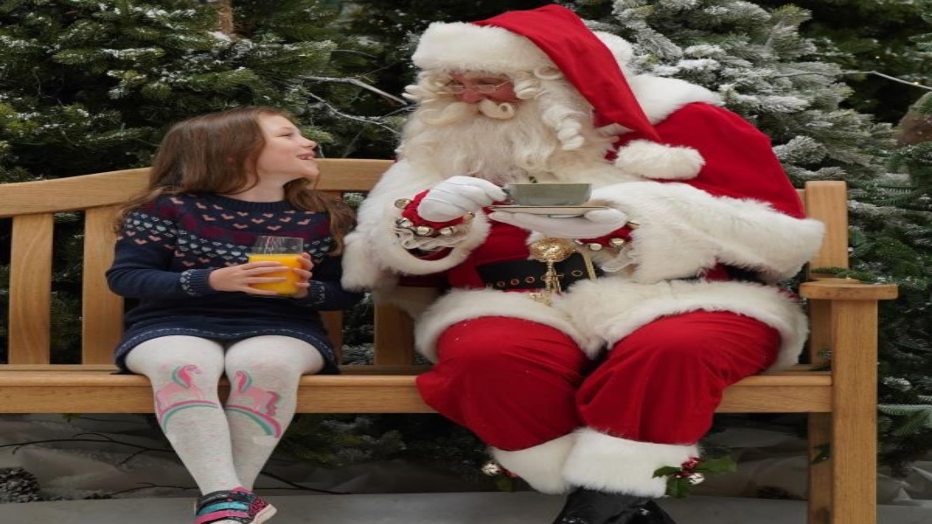 Image is of Santa on a bench with a little girl