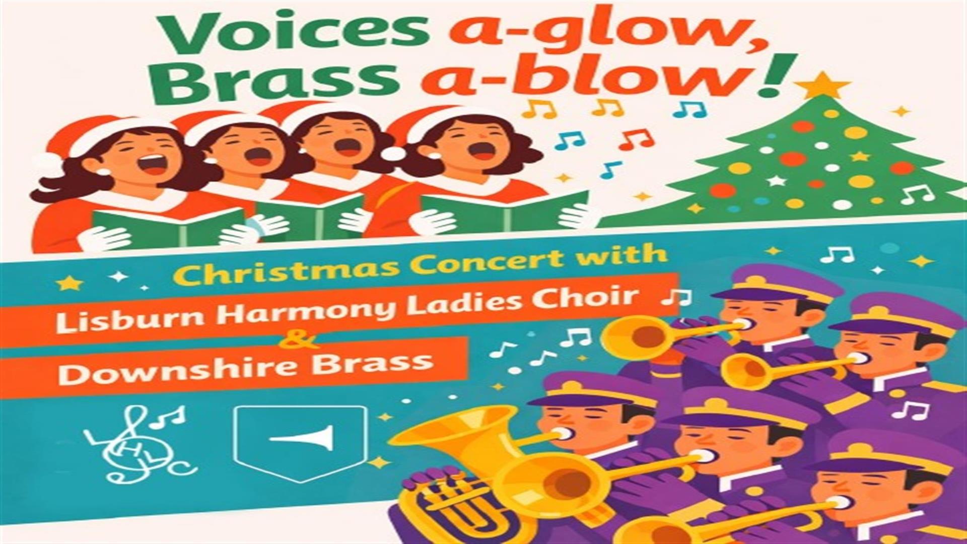 Image is cartoon of choir singing and brass band playing at Christmas time