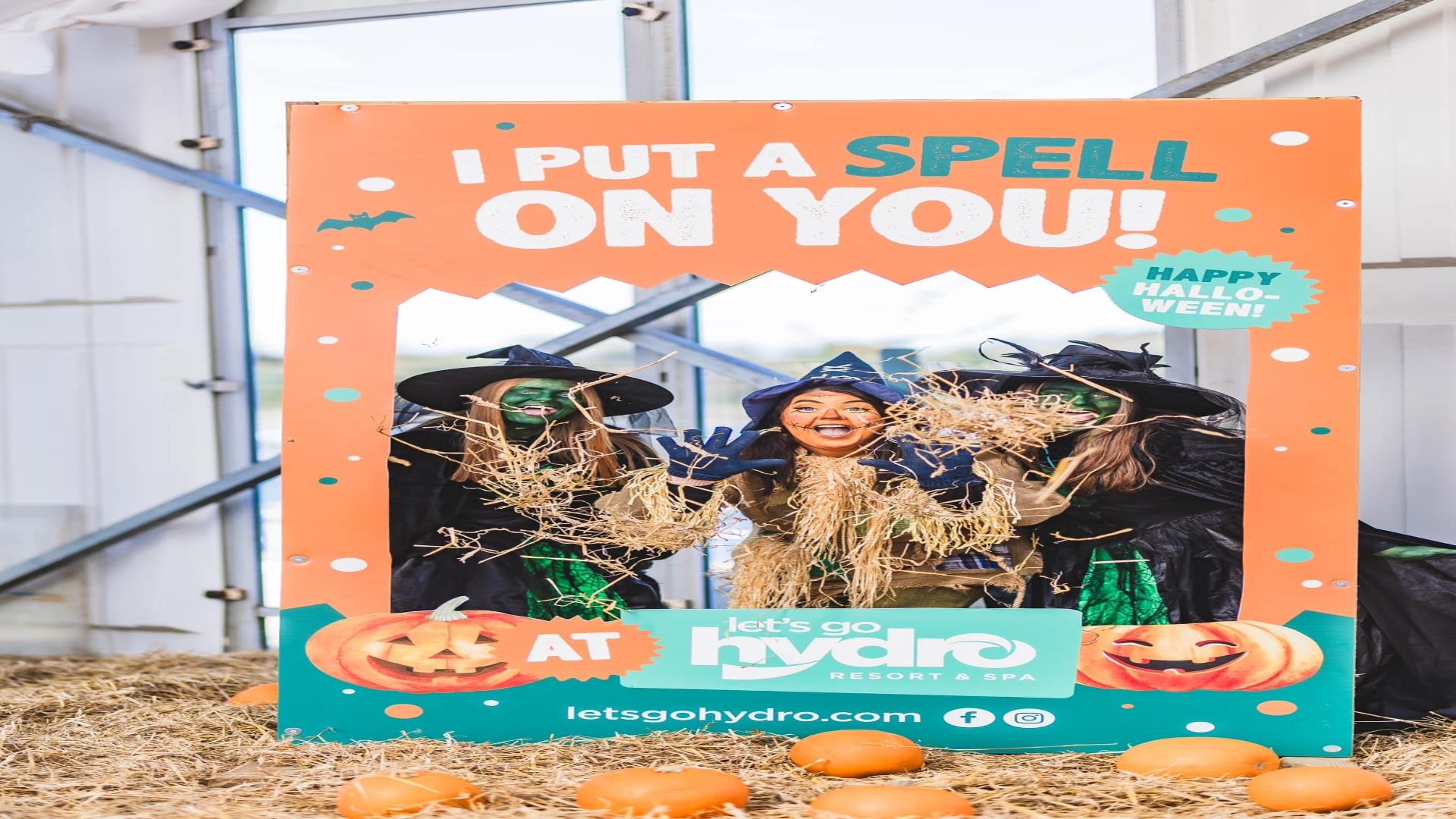 Image is of a scarecrow and two witches