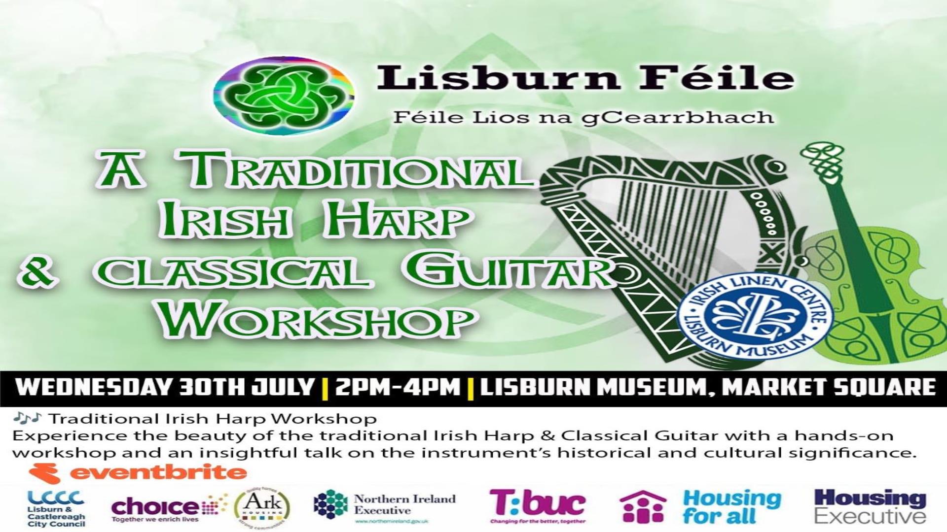 Image is poster advertising a traditional Irish harp and classical guitar workshop in the Irish Linen Centre