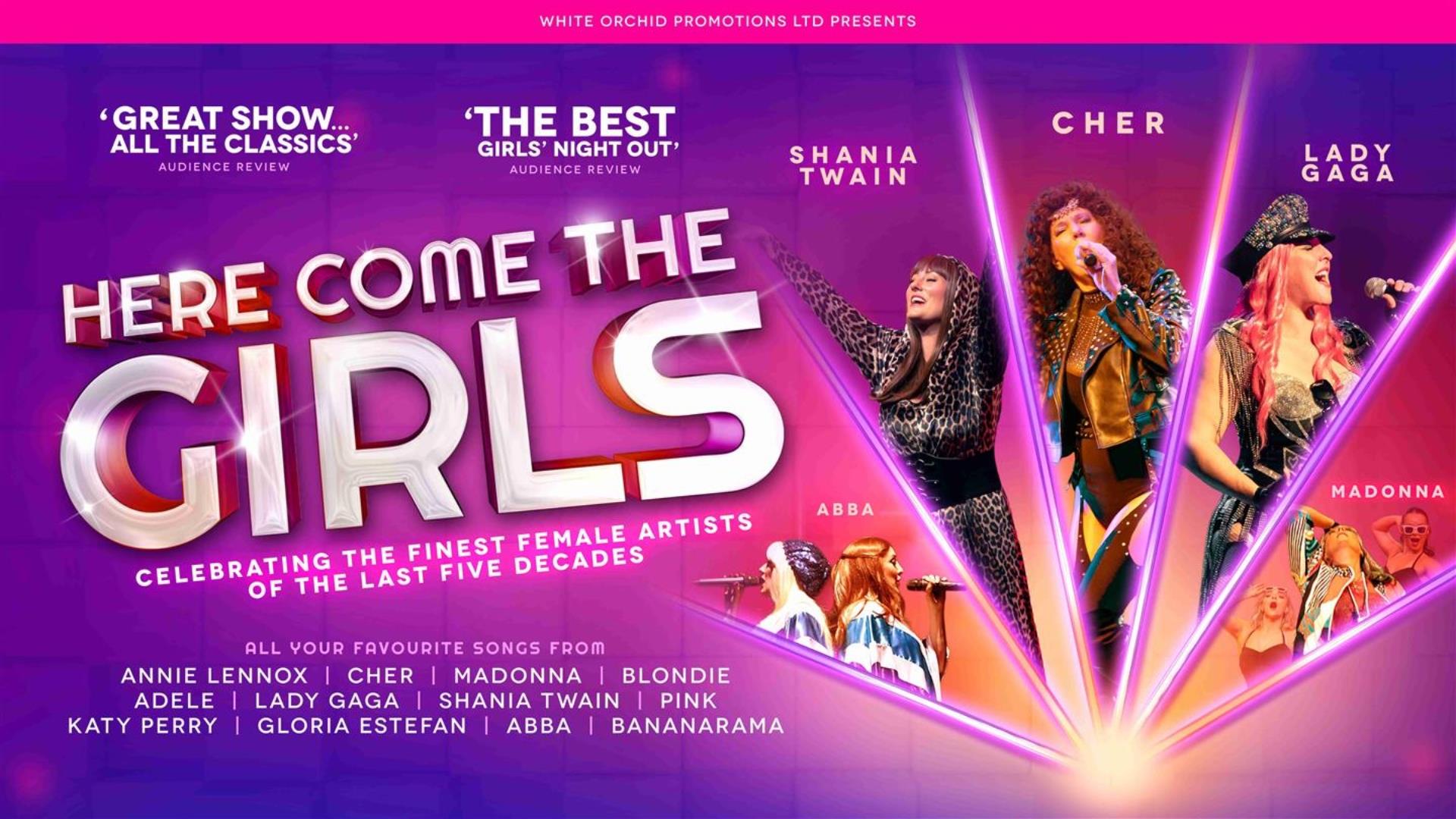 Image is poster showing various female music artists being covered by tribute act Here Come The Girls