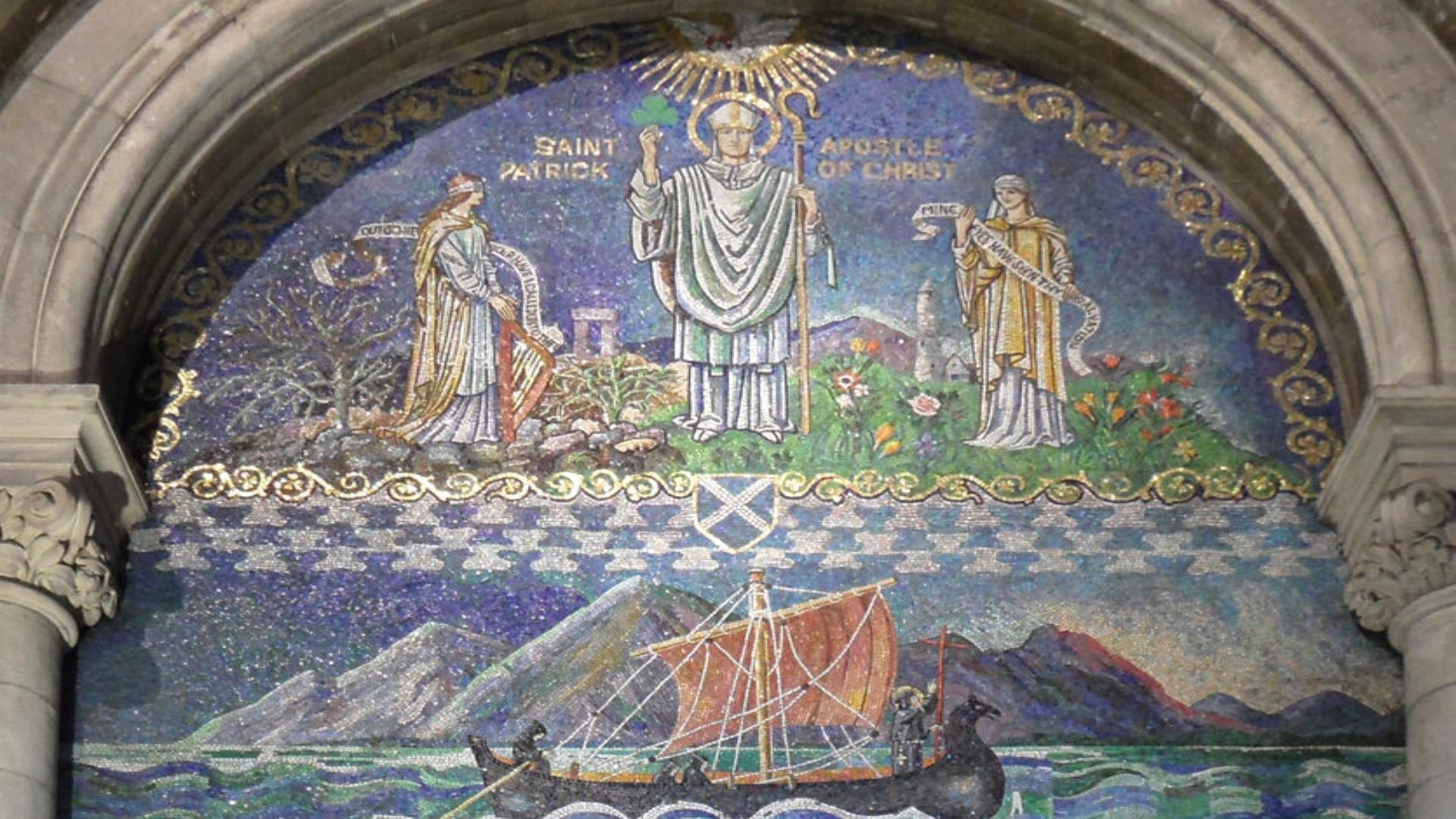 Image is of St. Patrick in a church setting