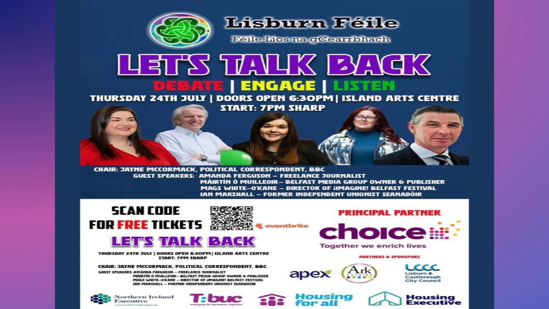 Image is poster re radio talk show Let's Talk Back as part of Lisburn Feile