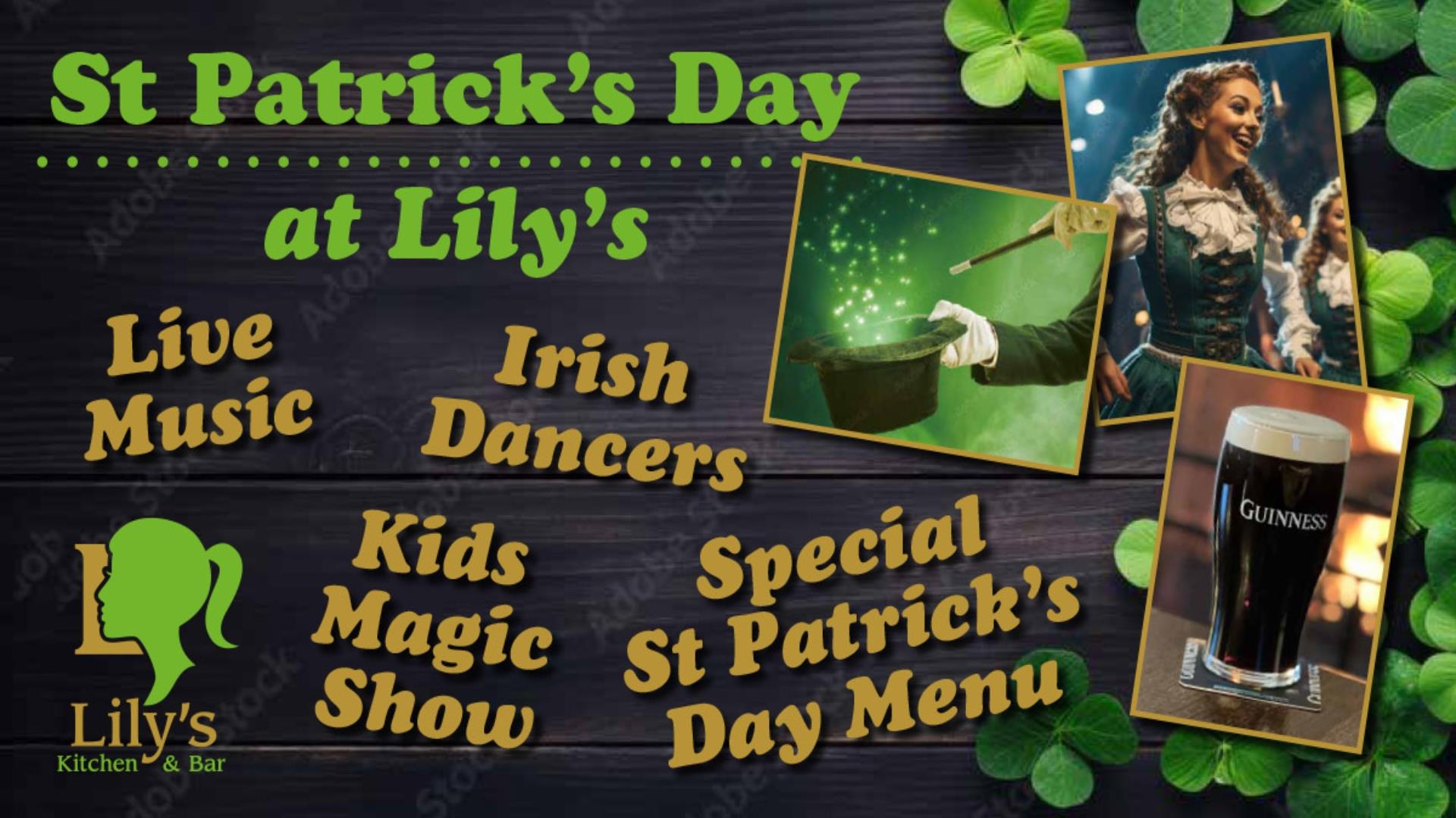 Image is showing an Irish dancer, pint of Guinness for the St. Patrick's Day event at Lily's Kitchen in Crumlin