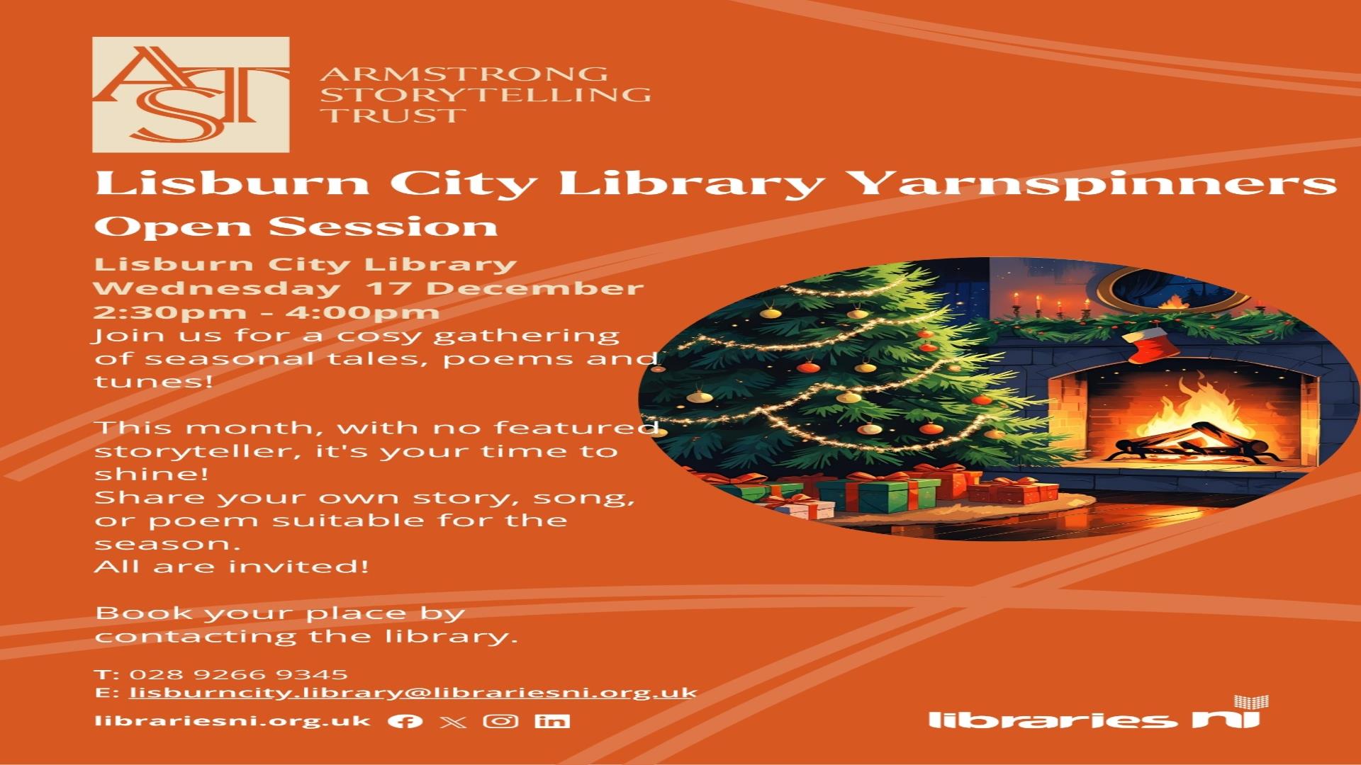 Image is poster advertising the Lisburn City Library Yarnspinners event