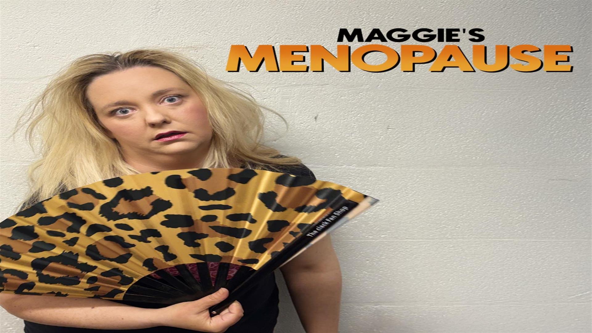Image is of a woman holding a handheld fan and looking distressed at the heat