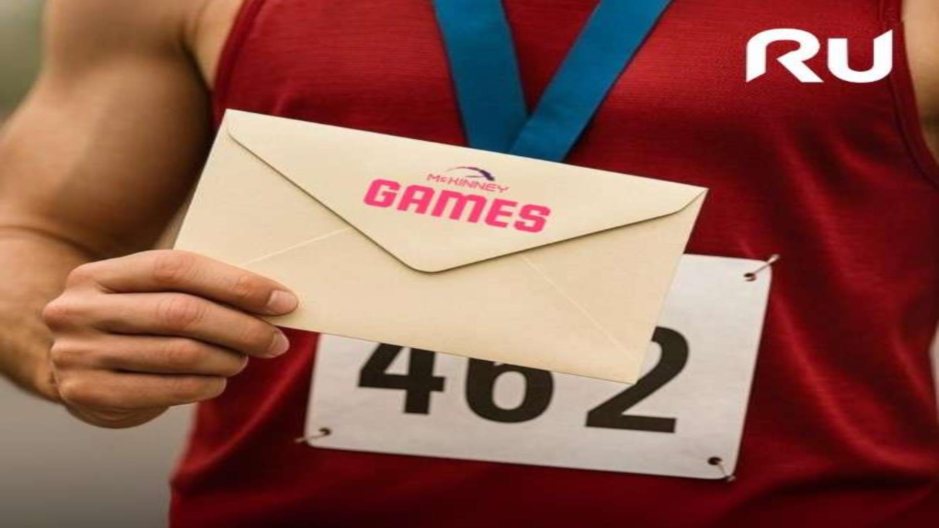 Image is of a runner holding an envelope saying McKinney Games on the front