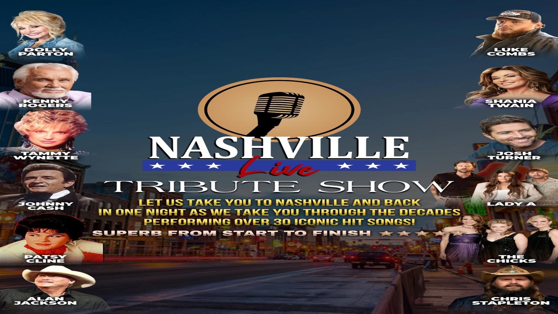 Image is of various tribute performers such as Dolly Parton, Kenny Rogers and Johnny Cash at the Nashville Live show