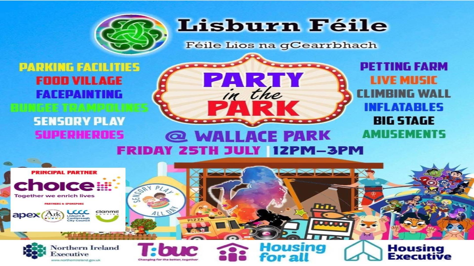 Image is poster of Party in the Park Lisburn Feile event in Wallace Park