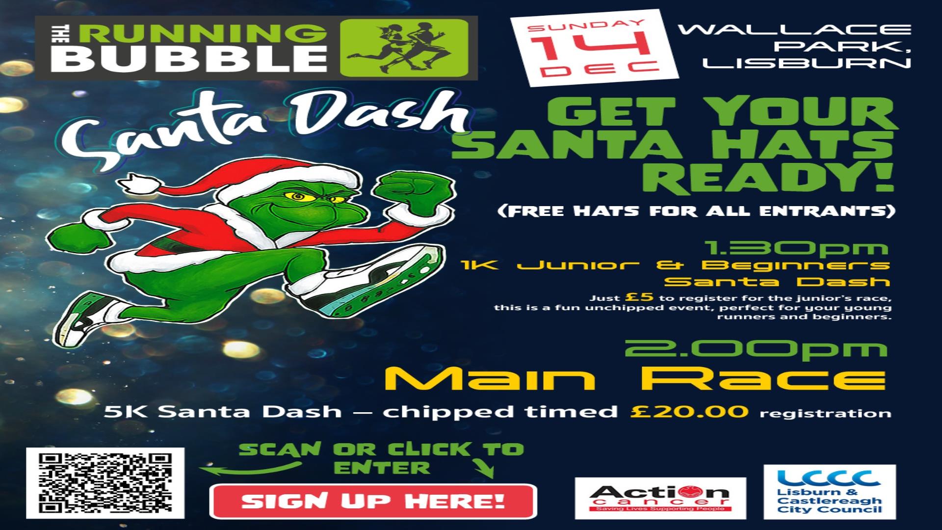 Image is of The Grinch at The Santa Dash in Wallace Park Lisburn