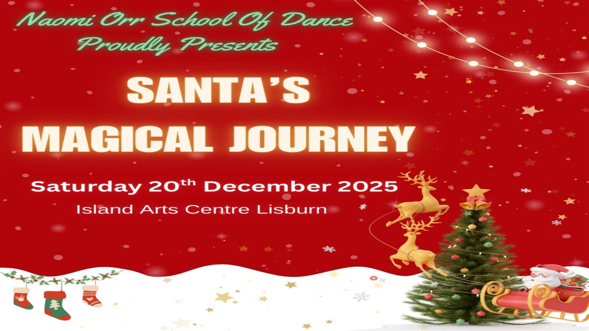 Image is of a winter scene with a Christmas tree and Santa sleigh ride