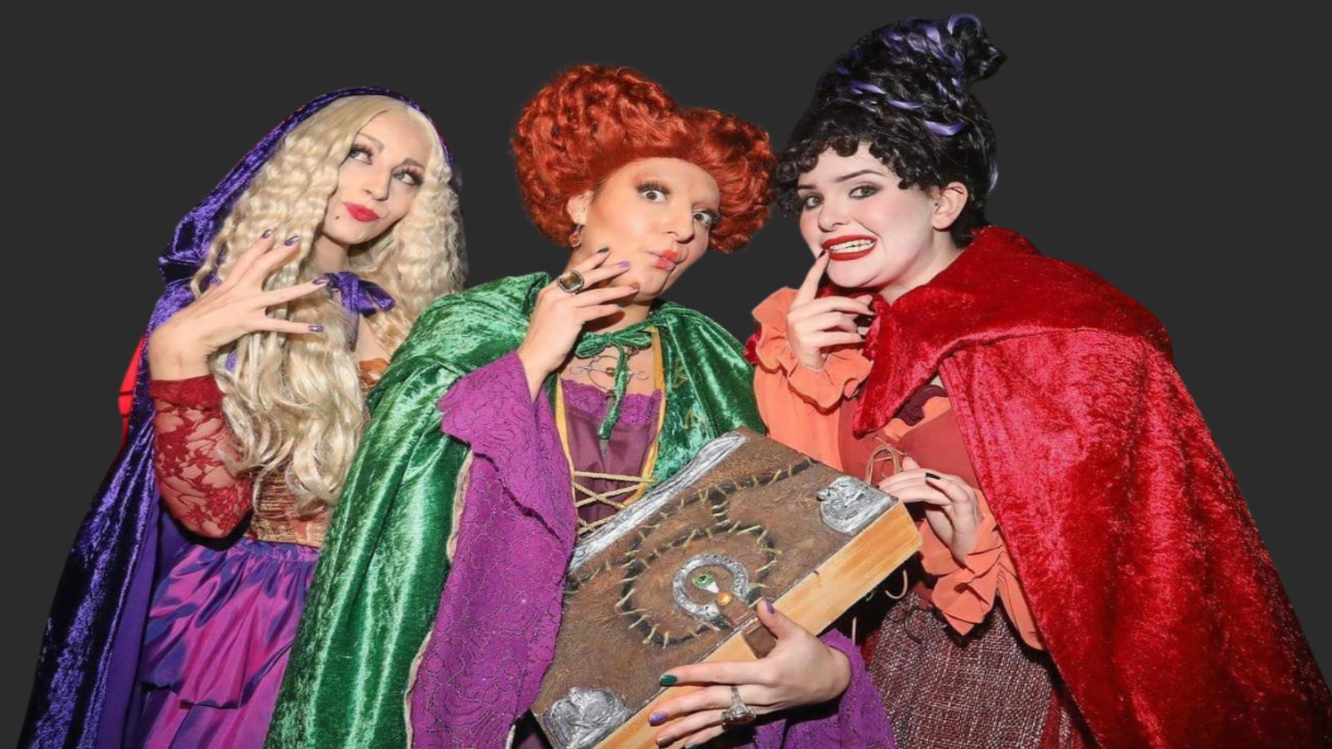 Image shows the Sanderson Sisters dressed in Halloween Costume