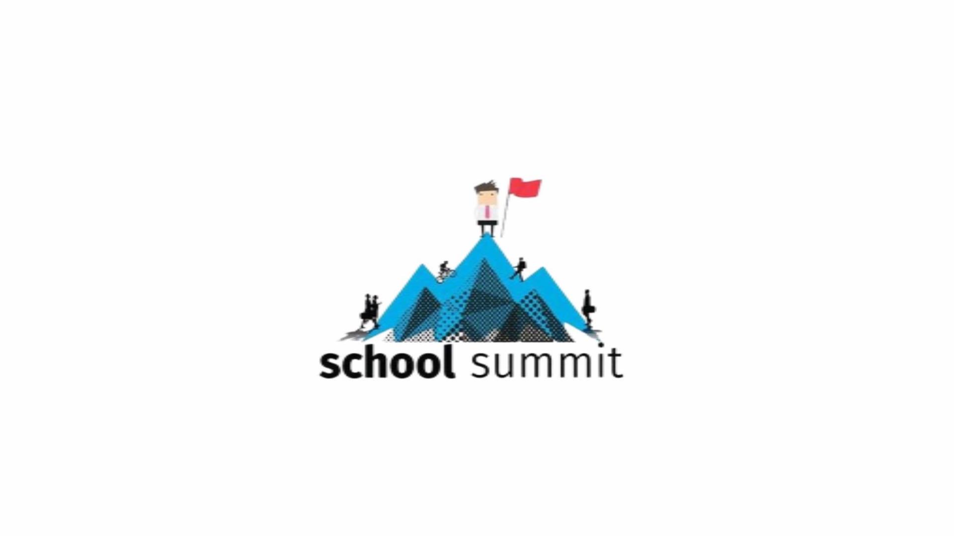 Image shows blue peak with man on top holding a red flag with written text below reading 'School Summit'