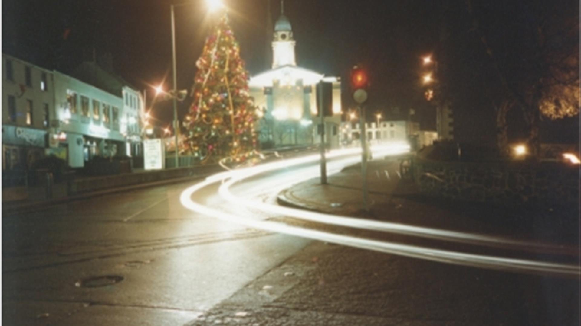 A festive photo of the Christmas tree in Market Square , Lisburn.