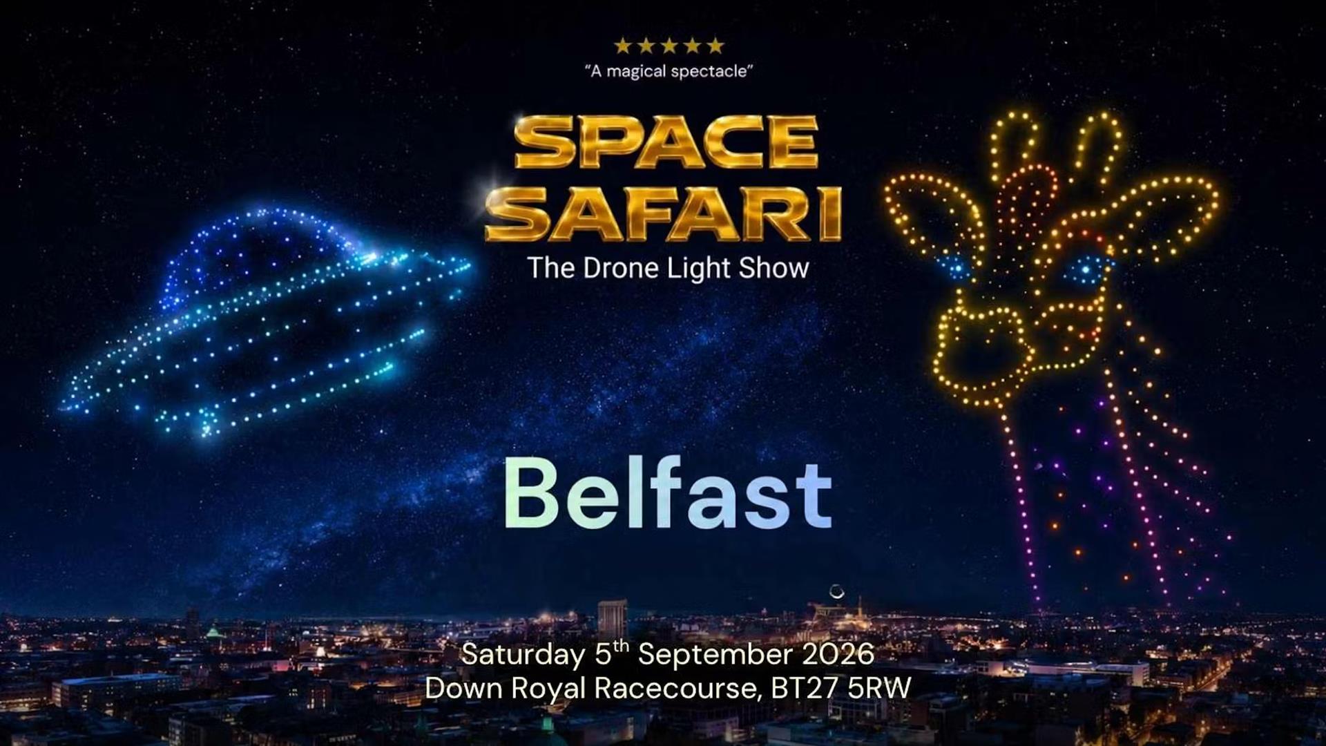 Space Safari Drone light show illuminating the night sky